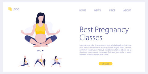 Vector site template of yoga studio or online class. Pregnant yoga fitness concept. Wellness and healthy lifestyle in pregnance. Woman expecting a baby doing yoga exercises. Landing page illustration