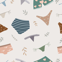 Underpants seamless pattern vector. Summertime underwear. Cute penties for woman, girl, lady. Feminine fashion set of lingerie. Design for gift paper, card or banner. Erotic clothing for home or beach