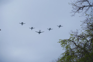 Russian military aircraft flies over the city