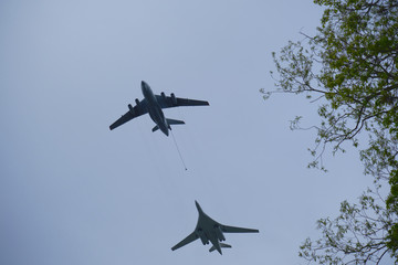 Russian military aircraft flies over the city