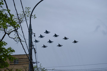 Russian military aircraft flies over the city