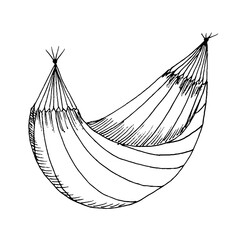 Hammock isolated on white background. Vector hand drawn sketch illustration in cartoon doodle style. Concept of rest, vacation, holidays, place for lying, dreaming outdoors in the garden.