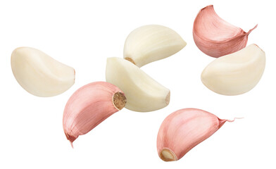 Flying garlic cloves, isolated on white background