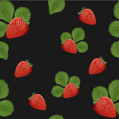Background element. Template. Strawberry and green leaf. Pattern. Black background.