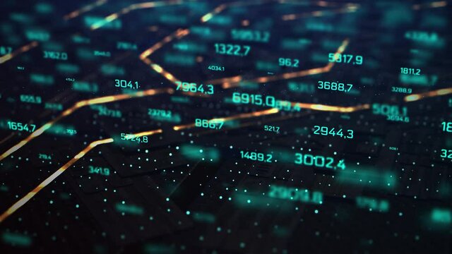 3D Render animation of AI Artificial intelligence in CPU chipset. Central processor unit and electric print circuit board with data traffic light on dark and grain processed