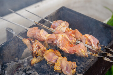 Close up of raw shashlik on skewers. Succulent barbecue roasting on chargrill. Concept of picnic outdoor.