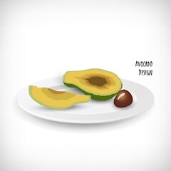 Slices of avocado, avocado seed on white plate.