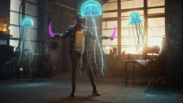 Female Artist Wearing Augmented Reality Headset Working on Abstract 3D Jellyfish Sculpture with Joysticks, Uses Gestures To Create High-Tech Internet Multimedia Concept Art.3D Animation Special Effect