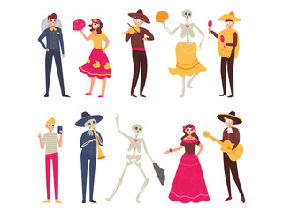 Halloween set Costumes Dia de los muertos Vector. Cartoon. Isolated art on white background. Flat