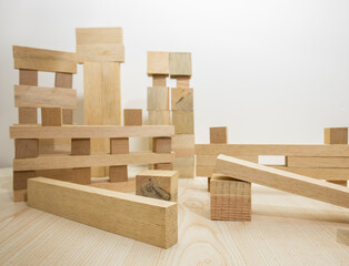 Building with wooden parts. Close-up on white background. Studio