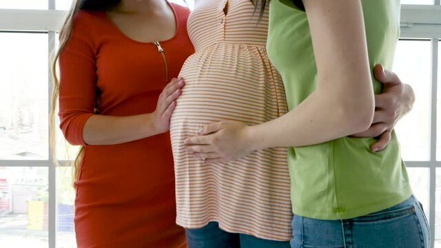 Lesbian couple touching belly of young pregnant woman. Surrogate motherhood concept