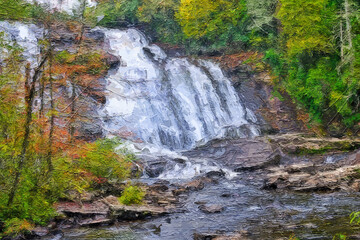 Impressionistic Style Artwork of an Autumn Waterfall