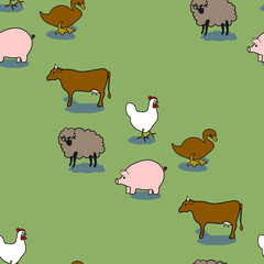 chicken sheep cow pig duck simple to edit seamless pattern hand drown