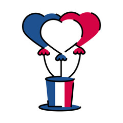 France heart balloons over hat line and fill style icon vector design