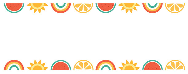 Hello summer, banner design with watermelon, sun, donut and rainbows. Vector illustration 