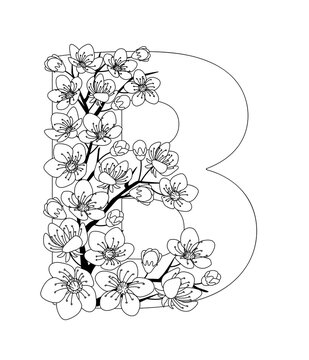 Capital letter B patterned with contour drawn sakura twig