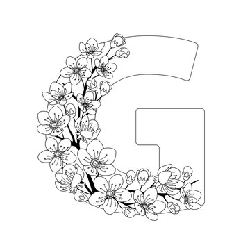 Capital letter G patterned with contour drawn sakura twig