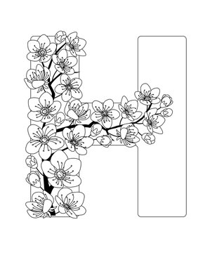 Capital letter H patterned with contour drawn sakura twig