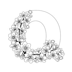 Capital letter Q patterned with contour drawn sakura twig