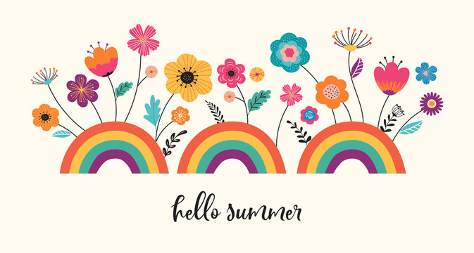 Hello summer, banner design with flowers and rainbows. Vector illustration 