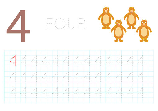 Number Four, Pregrafism on numbers, Card for Learning to Write Children's Numbers. 