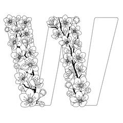 Capital letter W patterned with contour drawn sakura twig