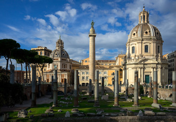 Rome, Italy: in close up archaeological ruins of the square  of Trajan Forum, in the center the...