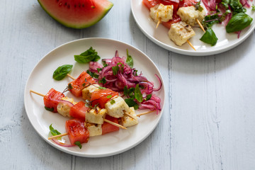Grilled halloumi cheese and watermelon skewers
