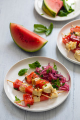 Grilled halloumi cheese and watermelon skewers