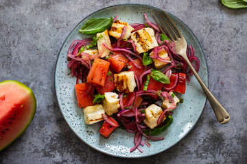 Grilled halloumi cheese and watermelon salad