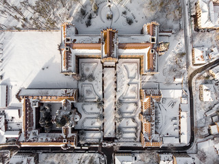 Panorama of Chernivtsi National University aerial view in winter sunny day. Travel destinations in Ukraine