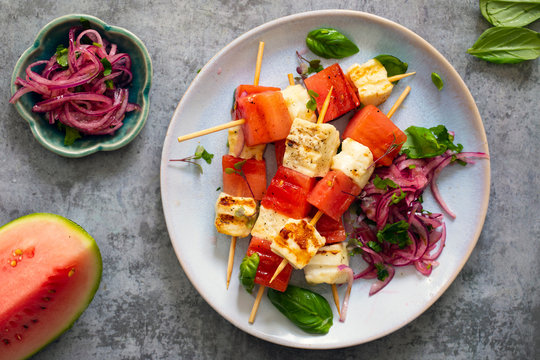 Grilled Halloumi Cheese And Watermelon Skewers