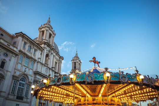 Ancient German Horse Carousel built in 1896 in Navona Square, Rome, Italy