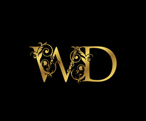 Classy Gold letter W, D and WD  Vintage decorative ornament emblem badge, wedding logo, classy letter logo icon.