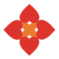 Pattern of four red hearts with an orange cross in the center on a white background