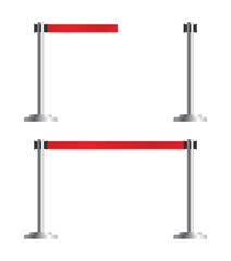 Obraz premium Retractable belt stanchion set. Airport fence isolated on white background. Vector portable ribbon barrier. Red striped hazard fencing tape.