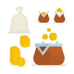 Wallet with golden coins. Wallet hand drawn sketch and isometric illustrations set.