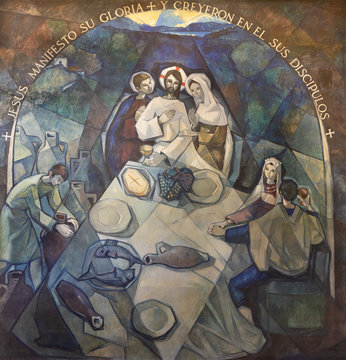 BARCELONA, SPAIN - MARCH 5, 2020: The modern fresco The miracle at the wedding at Cana in church Santuario Maria Auxiliadora i Sant Josep by Fidel Trias Pages and Raimon Roca (1966).