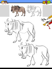 drawing and coloring worksheet with wildbeast animal