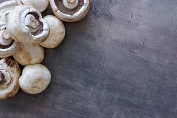 Top view of edible mushrooms - group of white champignons. Cooking harvest fresh food.