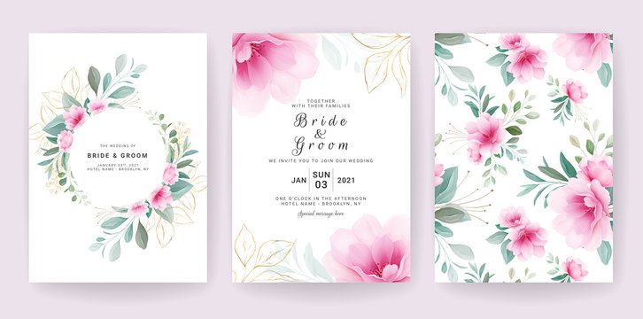 Elegant floral cards. Wedding invitation template set with flowers border & pattern for save the date, greeting, poster, and cover design