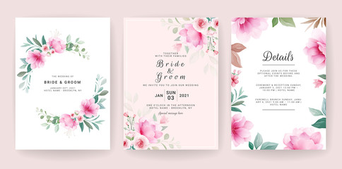 Floral background. Wedding invitation card template set with flowers and watercolor decoration for save the date, greeting, poster, and cover design