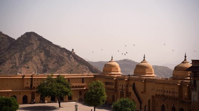 Birds flying majestically in slow motion above the beautiful Amber Fort. Amer Fort is a UNESCO World Heritage site.