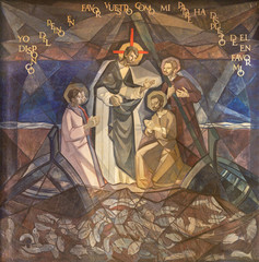 BARCELONA, SPAIN - MARCH 5, 2020: The modern fresco of Miracle Fishing in church Santuario Maria...