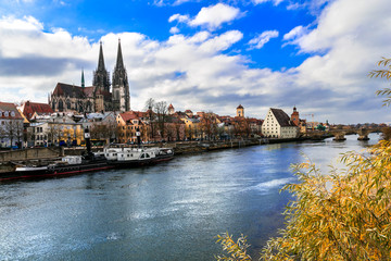 Fototapeta premium Beautiful towns of Germany - scenic medieval Regensburg over Danube river. Landmarks of Bavaria