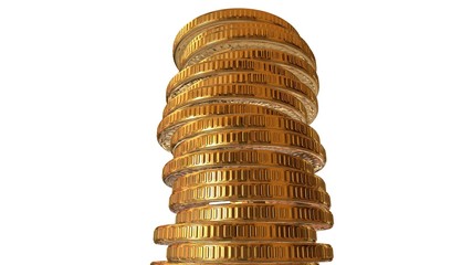 3d rendering, 3d illustration. A high stack of gold coins on a white background.
