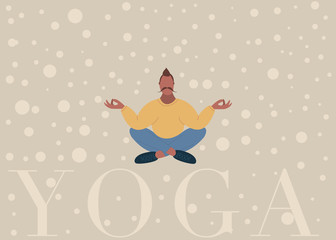 Vector cartoon illustration in modern concept of yoga exercises. Boy practices meditation on nature. Young and happy man character meditating in a park. Active and healthy lifestyle concept