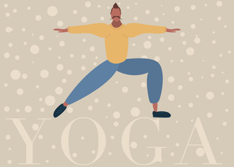 Vector cartoon illustration in modern concept of yoga exercises. Boy practices meditation on nature. Young and happy man character meditating in a park. Active and healthy lifestyle concept