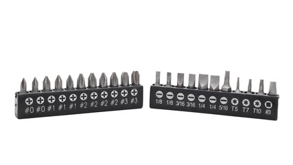 Assorted screwdriver bits on white