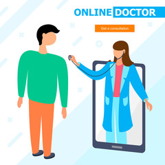 Online doctor consultation. Therapist with stethoscope checking a man using smartphone and internet connection.